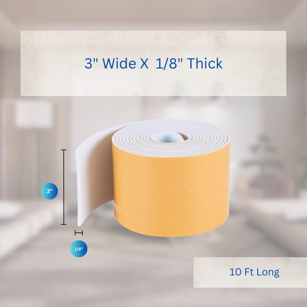 High Density Foam Weather Stripping Door Seal Strip Insulation Tape Roll for Insulating Door Frame, Window, Air Conditioner | Self Adhesive Sealing Weatherstrip (3 in x 1/8 in x 10 Ft, White)