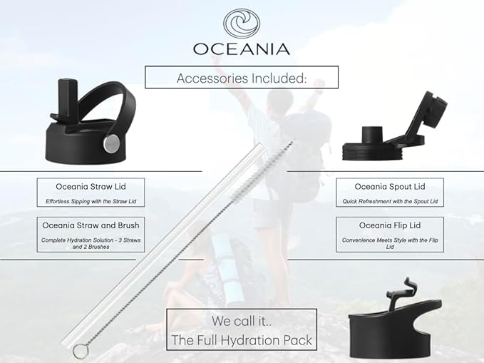 Oceania Flask 40oz Stainless Steel Water Bottles | Modern, Leakproof, Hydro BPA-Free, Insulated Water Bottle with 3 Lids, 3 Straws & 2 Straw Cleaning Brushes | Simple Camping & Hiking Water Bottles