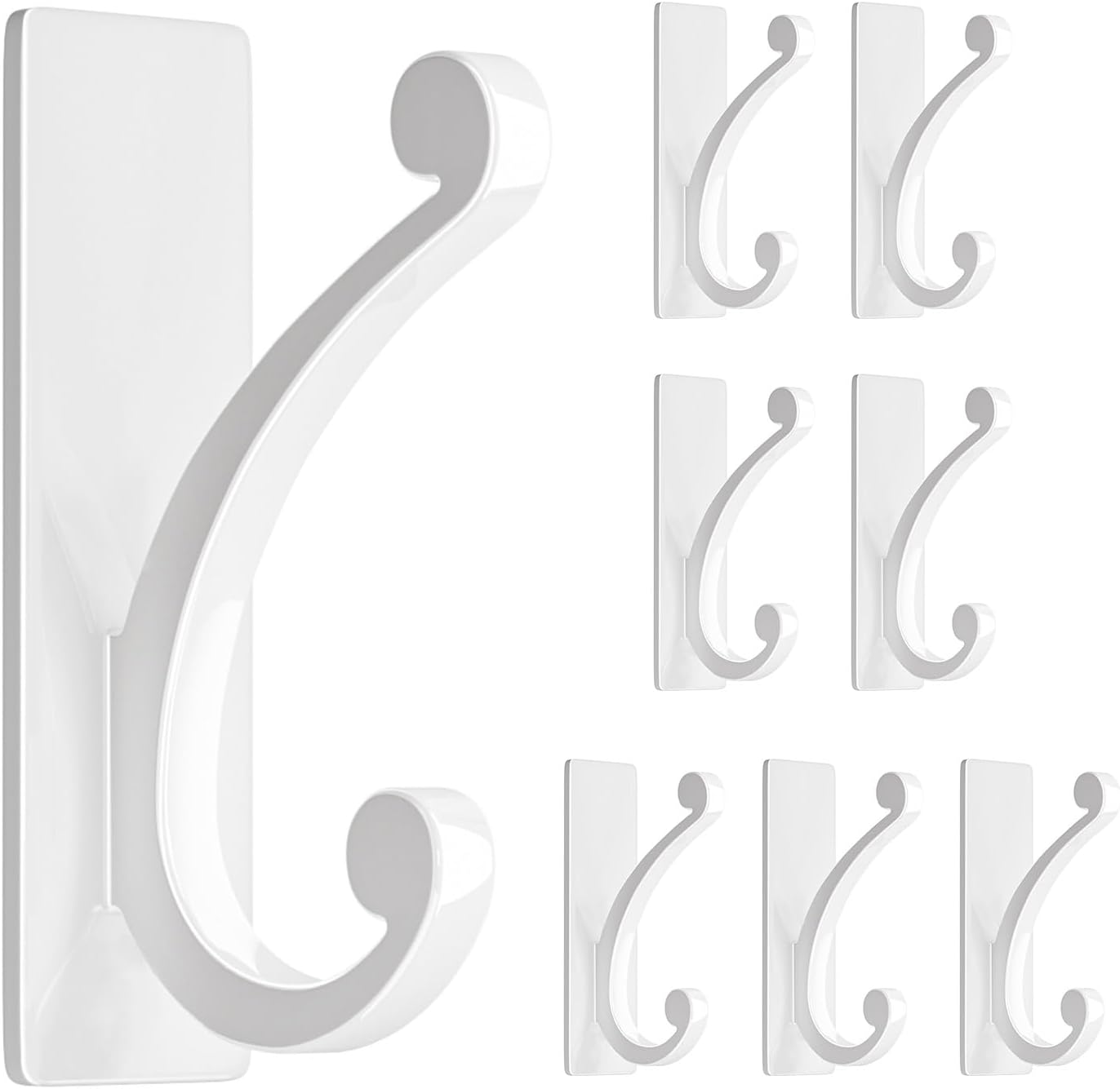 Adhesive Wall Hook for Towel/Coat - Extra Sticky 10LB Stainless, Stick on Hanger for Bath or Shower, White 8-Pack