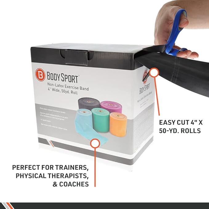 Body Sport Exercise Band, 50 yd. x 4 in. Roll, Light Resistance - Home & Gym Fitness Equipment for Stretching, Strength Training & Physical Therapy (Light Resistance Blue)