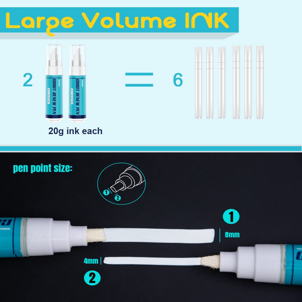 NADAMOO Grout Renew Pen White, 2 Large 20ml Paint Pens, Touch Up Repair Marker for Tile Gap Coating - Restore Grout Line, With 2 Replacement Nibs and 1 Cleaning Brush