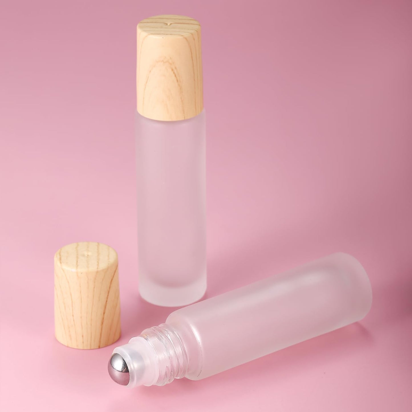 12 Pack Essential Oil Roller Bottles,10ml Empty Frosted Glass Roller Bottles with Stainless Steel Roller Balls and Caps Refillable Container for Perfume Roll on Bottles ( Wood Grain Plastic Caps)