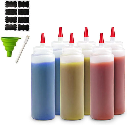 6-Pack Condiment Squeeze Bottles for Sauces - Includes Funnel, Erasable Marker & Reusable Labels, Perfect for Salad Dressings, Liquids, and Ketchup, Durable Plastic 32 oz Bottles