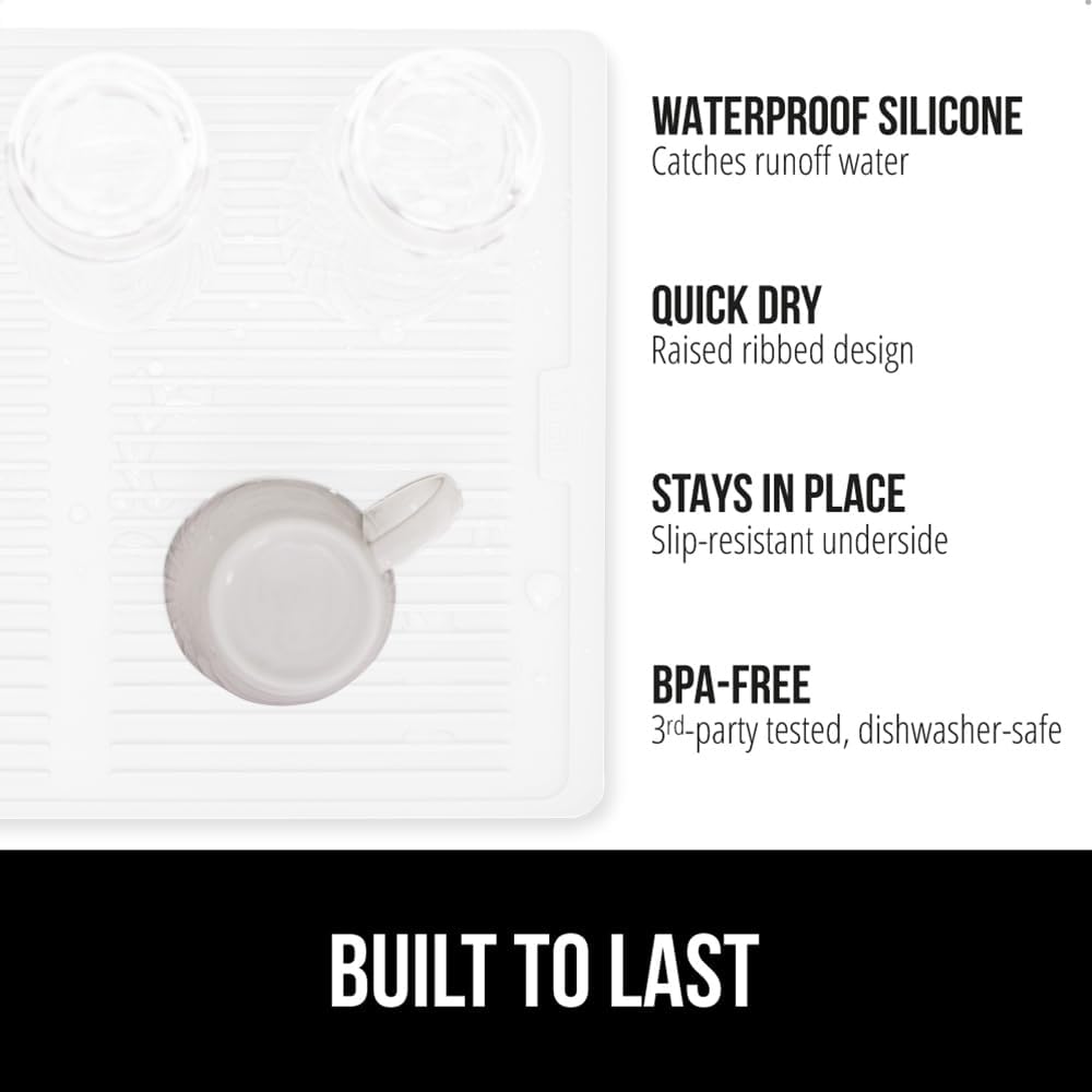 GORILLA GRIP 100% BPA-Free Patented Silicone Dish Drying Mat for Kitchen Counter, Water Catching Ribbed Design, Easy Clean Waterproof Sink Liner, Heat Resistant, Fits Under Rack, 13x11 Inch, White