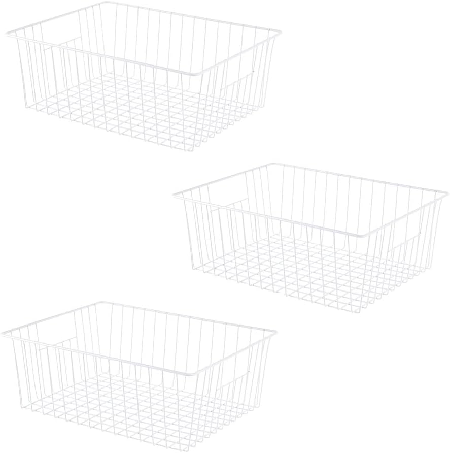16" L x 12" W Wider Freezer Storage Organizer Baskets Container, Metal Wire Chest Upright Refrigerator Divider Bins with Built-in Handles for Cabinet, Pantry, Closet, Kitchen（3 Pack）