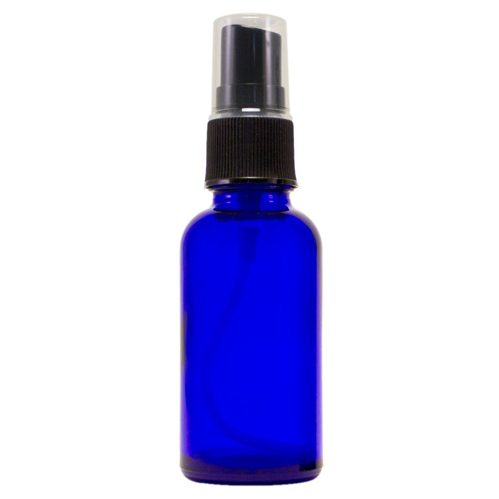 1 oz Cobalt Blue Boston Round Glass Bottle with Black Fine Mist Sprayer 12/bx