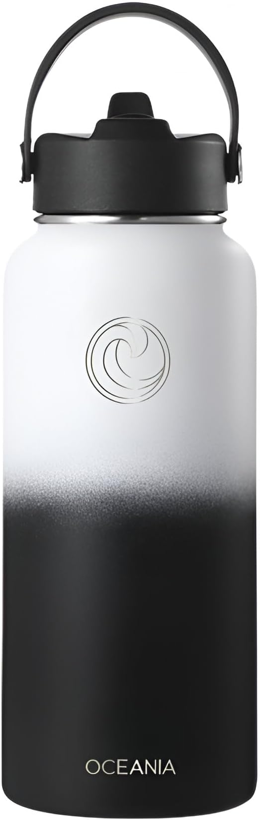 Oceania Flask 32oz Stainless Steel Water Bottles | Modern, Leakproof, Hydro BPA-Free, Insulated Water Bottle with 3 Lids, 3 Straws & 2 Straw Cleaning Brushes | Simple Camping & Hiking Water Bottles