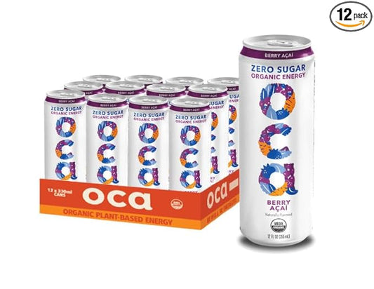 OCA ZERO Berry Acai, Organic energy drink, zero sugar, gluten-free, vegan plant-based, 12 Fl Oz (12 pack)