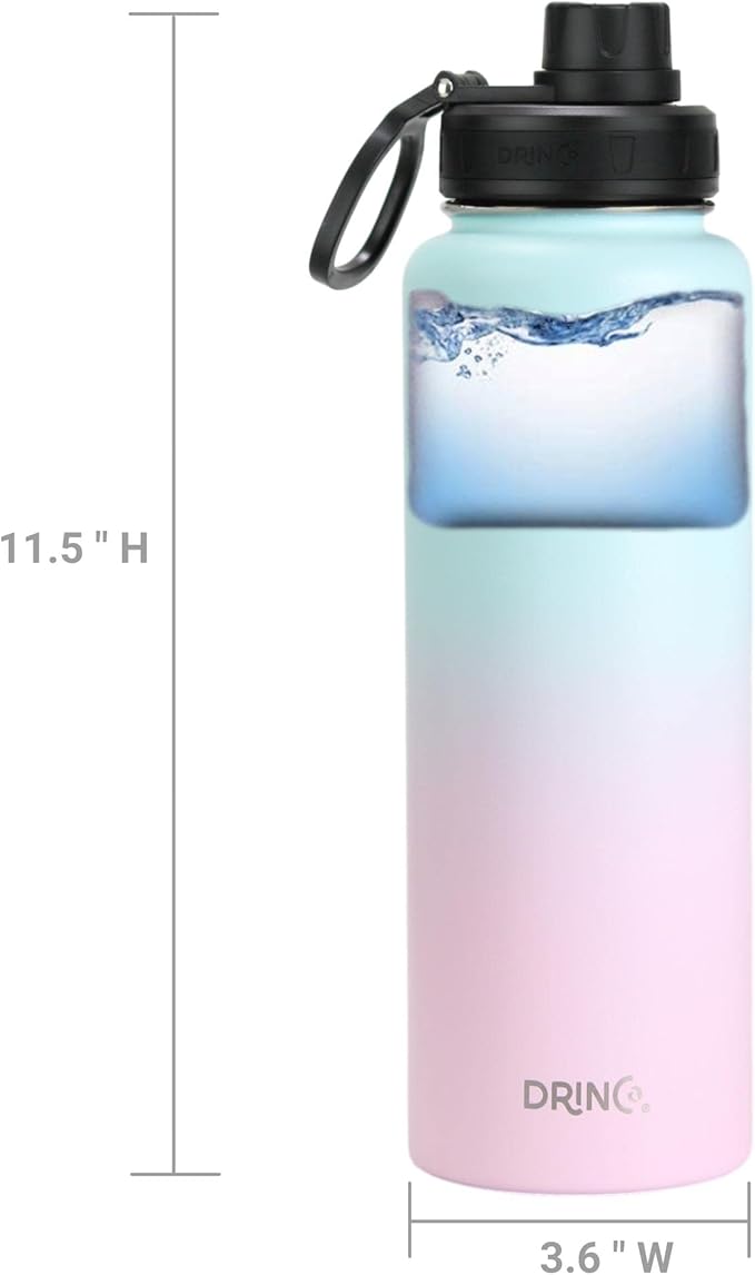 DRINCO Stainless Steel Water Bottle Spout Lid Vacuum Insulated Double Wall Water Bottle Wide Mouth (40oz 32oz 22oz 18oz 14oz) Leak Proof Keeps Cold or Hot (40 oz, 40oz Macaron)