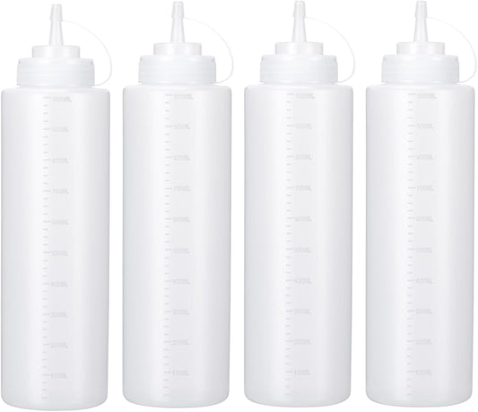 Condiment Squeeze Bottles Ketchup Dispenser, 4 Pack 32oz Squeeze Bottles for Liquids, Plastic Sauce Bottle with Cap Lid, Squirt Bottles for Sauces Liquids BBQ Dressing Pancake Art