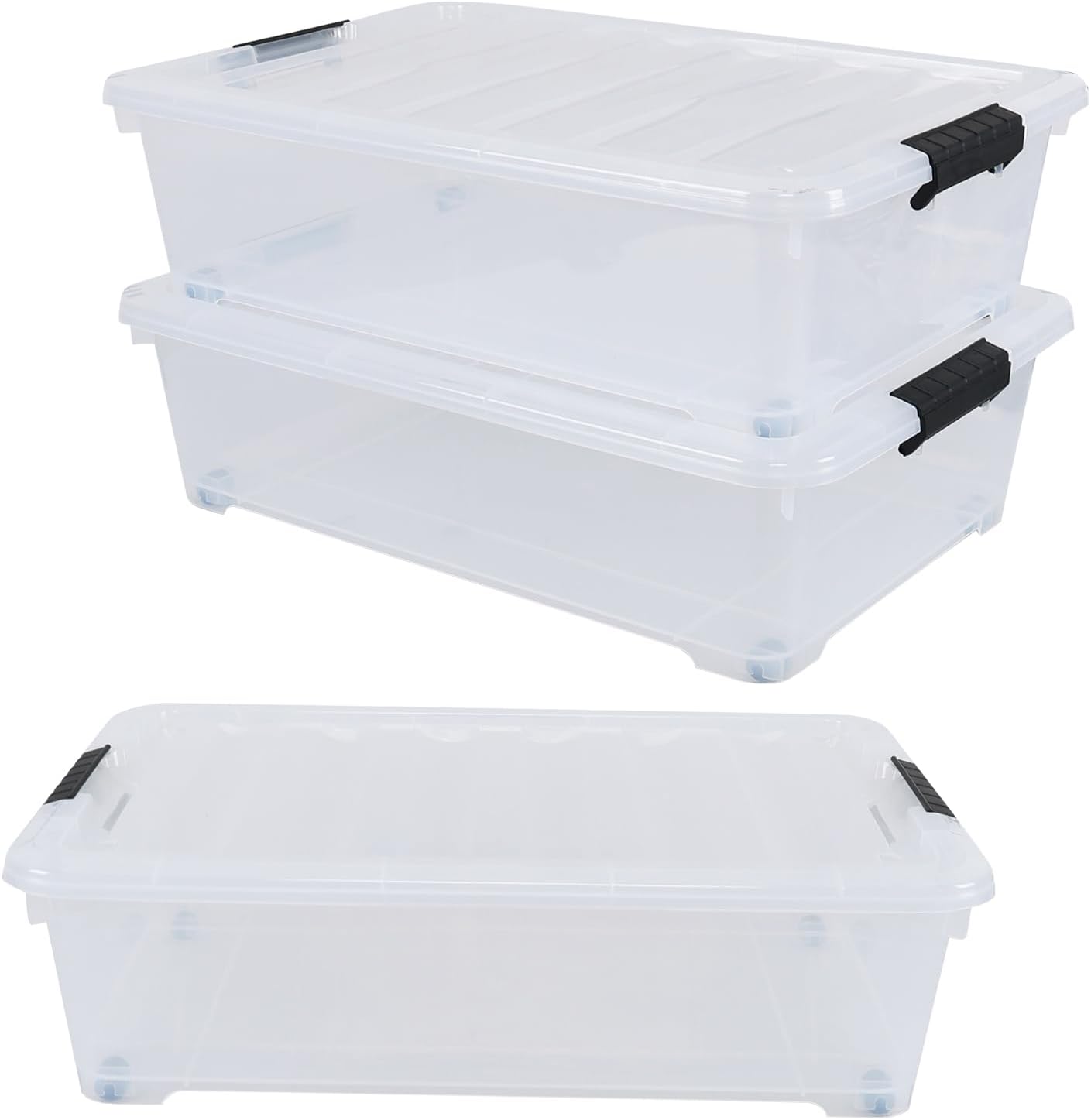 25 Quart Plastic Under Bed Storage Boxes, Wheeled UnderBed Storage Container, 3 Pack, Clear