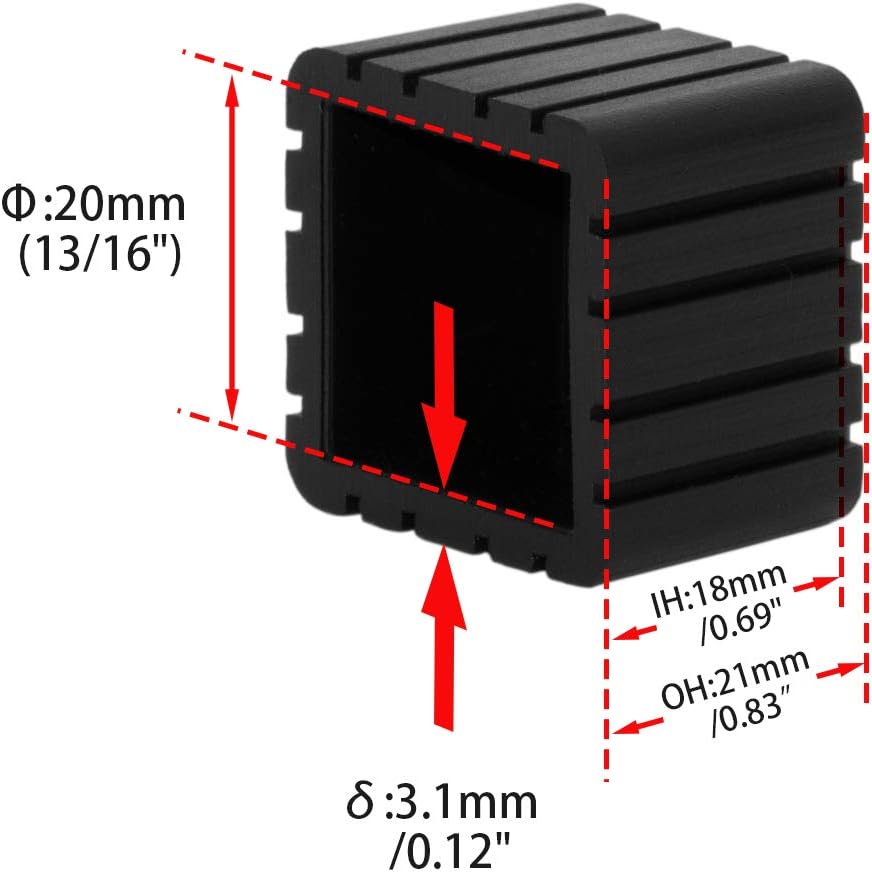 Flyshop Anti-Skid Non-Marking Synthetic Rubbr Patio Chair Table Leg Caps Square Furniture Covers, 20pcs, Black, 20 mm x 20 mm, 13/16" x 13/16"