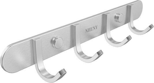 Coat Hook Wall Mount Towel Hook Rack with 4 Hooks 11-inch Hanger for Hanging Clothes, Bags, Keys, Easy to Install Rail for Bedroom, Bathroom, Entryway, Door, 304 Stainless Steel Brushed Nickel