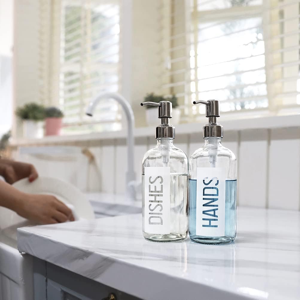 JASAI 2Pack 18OZ Glass Soap Dispenser with Rustproof 304 Stainless Steel Pump, Kitchen Soap Dispenser for Hands & Dishes (White)