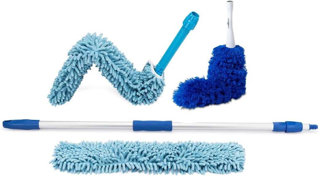 Extendable Duster - Microfiber Duster Kit: Ceiling, Fans, Baseboards, Cob Webs, Telescoping, Reusable & Washable, Feather & Chenille Dusters, 6ft. Adjustable Handle