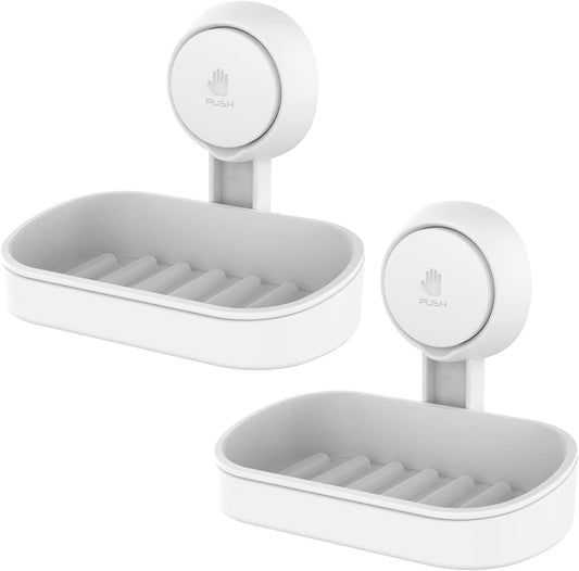 LEVERLOC Soap Holder Suction Cup for Shower, 2 Pack Bar Soap Dish Holder for Shower Wall Mounted NO-Drilling, Plastic Self Draining Removable Vacuum Suction for Bathroom Bathtub Sink