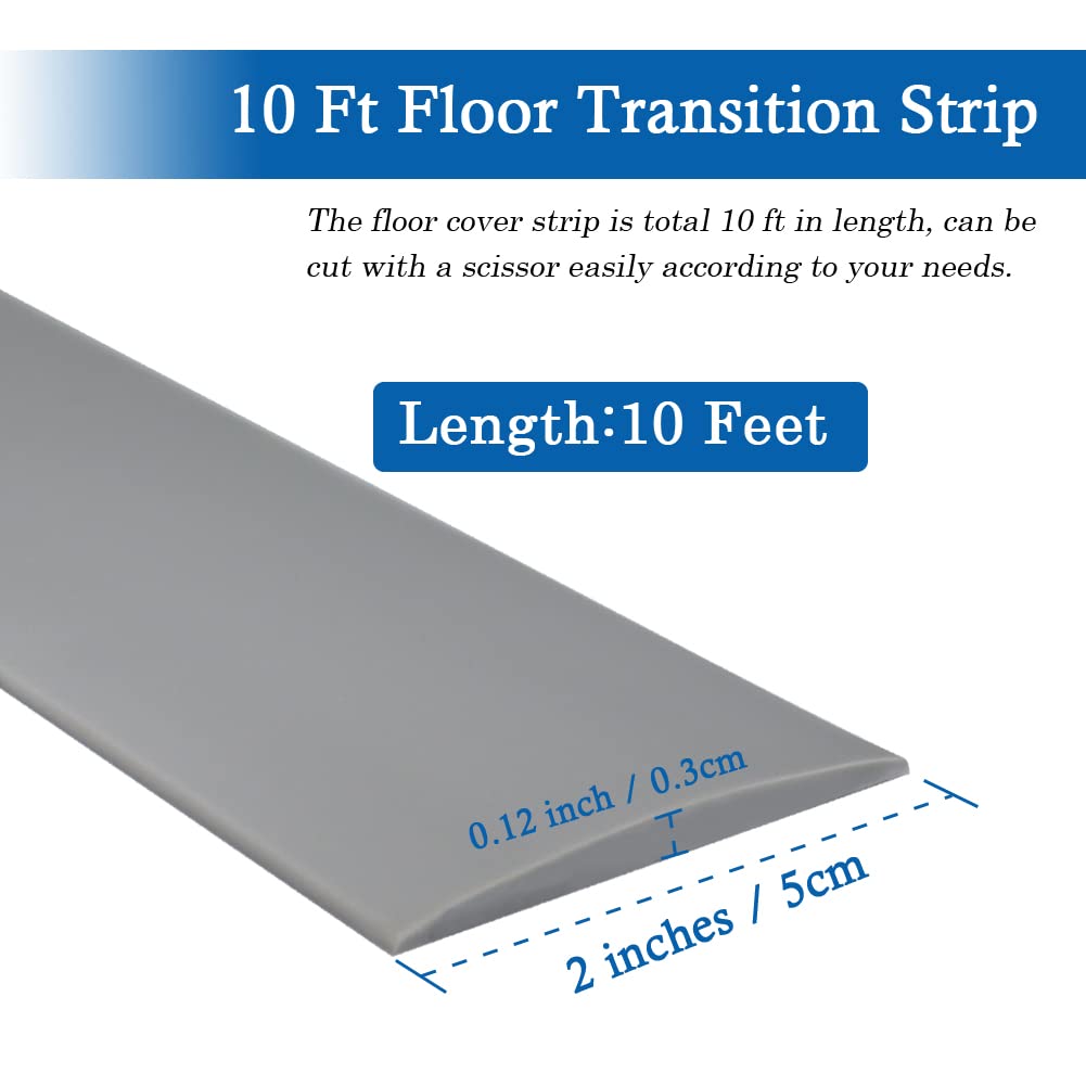Floor Transition Strip Self Adhesive Floor Cover Strips Laminate 2" Wide Vinyl Flat Divider Transitions (5cm, 10Ft, Gray)