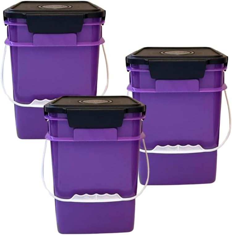 House Naturals 4 Gallon Square Food Grade Bucket Pail with Plastic Handles and Lid (Pack of 3) Made in USA containers (Purple - Black lids)