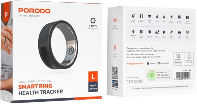 Touch-Control Smart Ring Health Tracker, 5-Day Battery, 20.7mm Size, Monitors Heart Rate, Body Temperature, Blood Oxygen, Menstrual Cycle, Daily Fitness & Calorie Tracking – Black