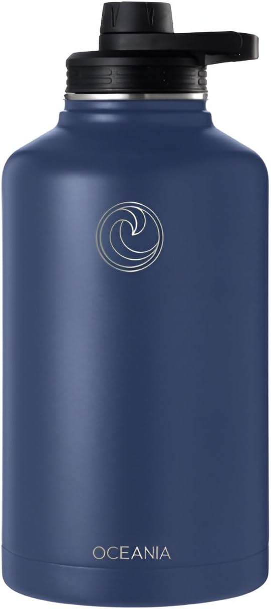 Oceania Flask 64oz Stainless Steel Water Bottles | Modern, Leakproof, Hydro BPA-Free, Insulated Water Bottle with 3 Lids, 3 Straws & 2 Straw Cleaning Brushes | Simple Camping & Hiking Water Bottles