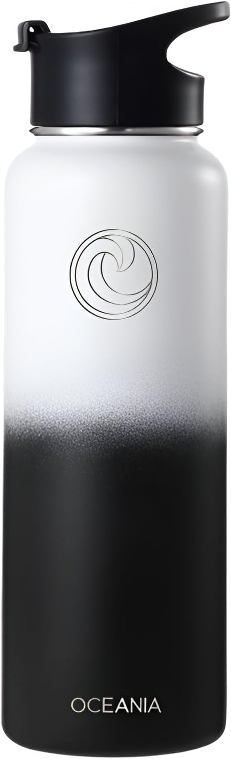 Oceania Flask 40oz Stainless Steel Water Bottles | Modern, Leakproof, Hydro BPA-Free, Insulated Water Bottle with 3 Lids, 3 Straws & 2 Straw Cleaning Brushes | Simple Camping & Hiking Water Bottles