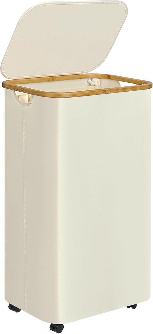 Laundry Basket with Wheels,100L Hampers for Laundry,Large Laundry Hamper with Lid and Bamboo Handles,Collapsible & Waterproof Tall Cloth Hamper for Dormitory Family，Beige