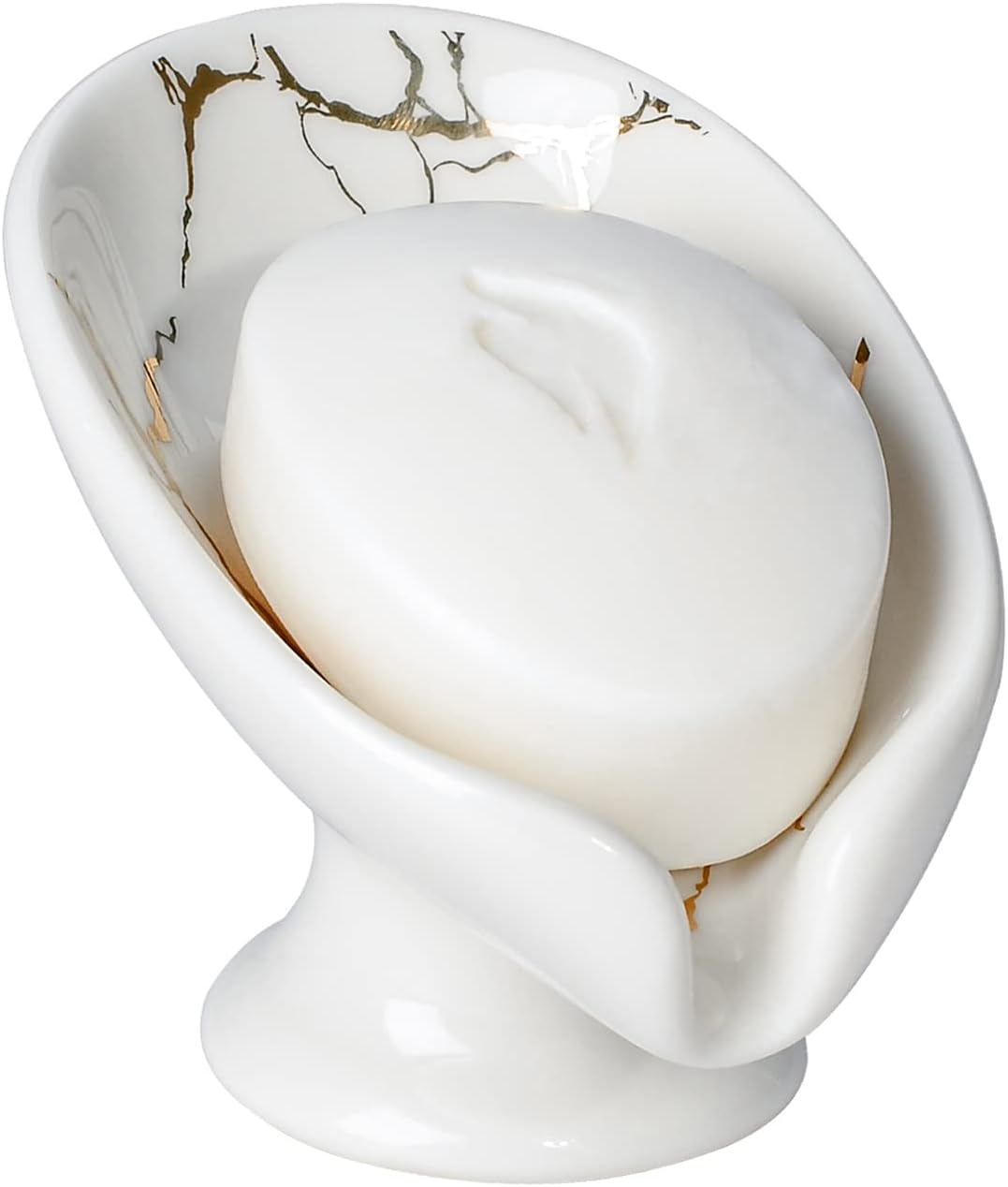 Soap Dish, Soap Holder Self Draining Leaf Shape Soap Dishes, Ceramic Drain Soap Dish for Sink Bathroom Shower Kitchen, Easy to Clean Keeps Soap Dry, Cream White & Gold Marble Pattern, ANTIS'S HOME