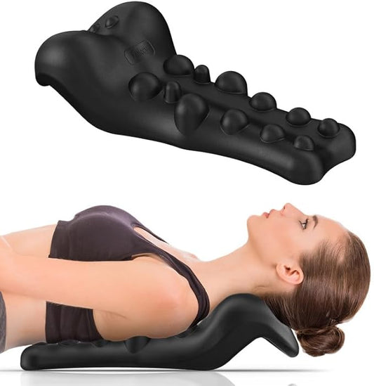 Neck and Shoulder Relaxer with Upper Back Massage Point, Cervical Traction Device Neck Stretcher for TMJ Pain Relief and Cervical Spine Alignment Chiropractic Pillow（Black）
