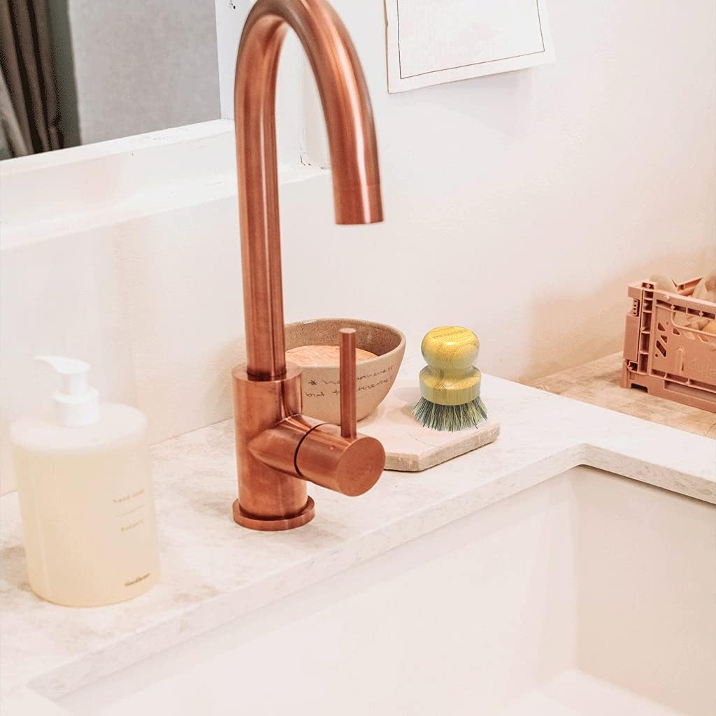 Bamboo Brush Dish Scrubber Clean Pan and Vegetable, Natural Bristles Palm Pot Brush 2 Pack Round Mini Dish Brush with 2 Ceramic Dish for Kitchen Sink Cleaning