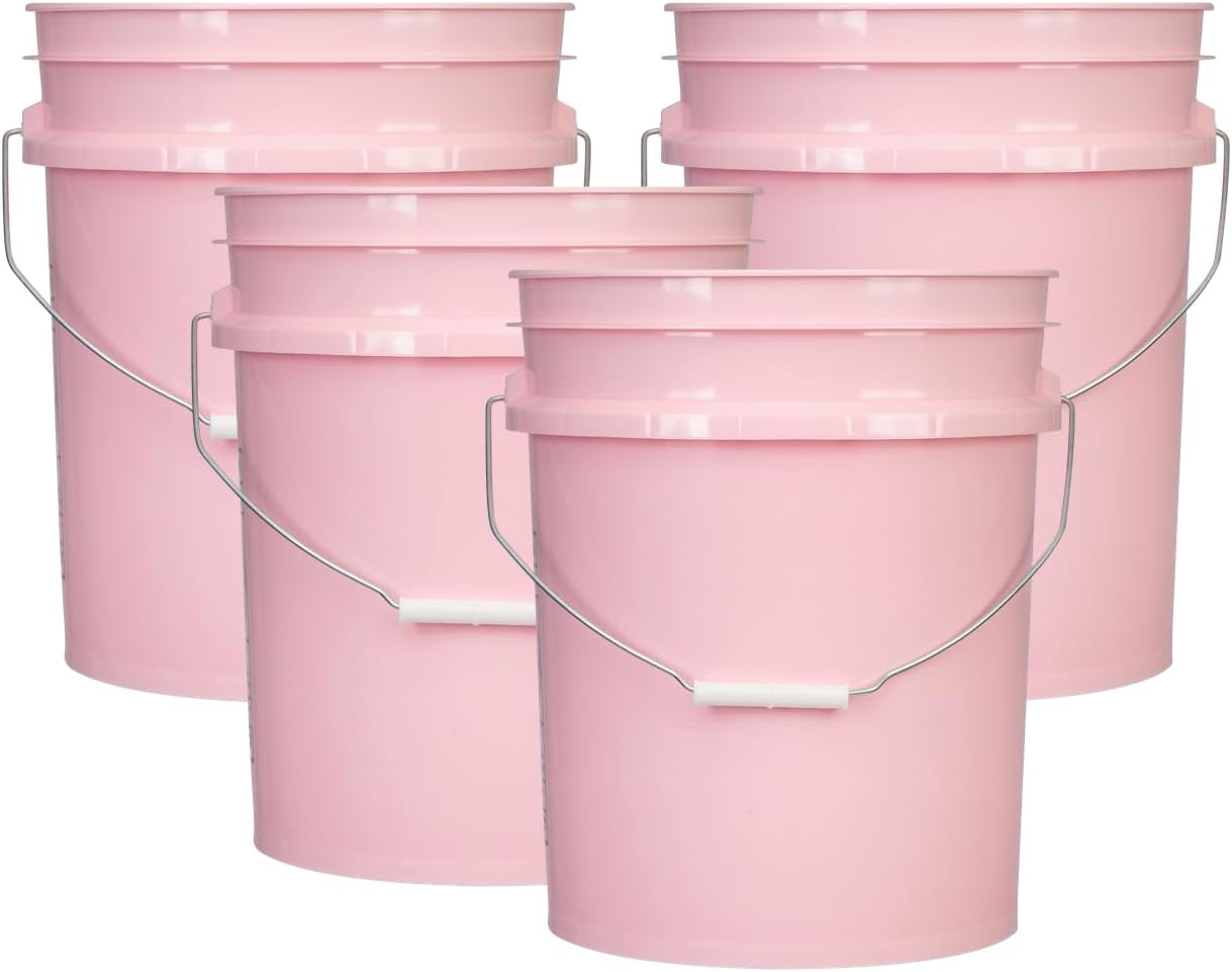 House Naturals 5 Gallon Premium HPDE Plastic Bucket - Made in USA Food Grade Storage Container, BPA Free All Purpose Pail (4, Pink)