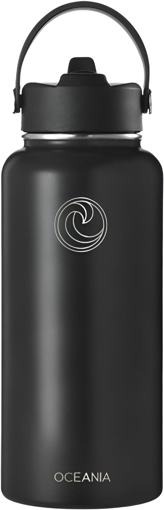 Oceania Flask 32oz Stainless Steel Water Bottles | Modern, Leakproof, Hydro BPA-Free, Insulated Water Bottle with 3 Lids, 3 Straws & 2 Straw Cleaning Brushes | Simple Camping & Hiking Water Bottles