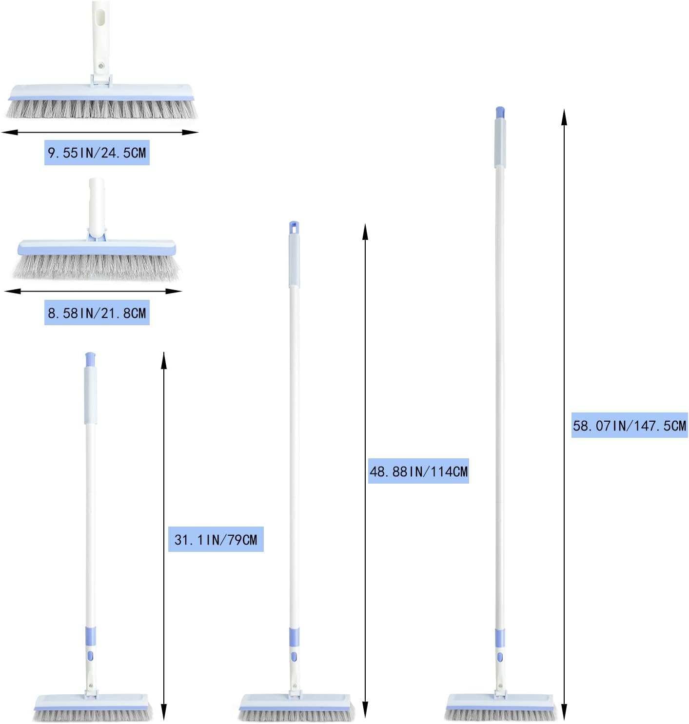 Floor Scrub Brush and V-Shape Grout Brush with Long Handle 3 in 1 Replaceable Head Scrape Brush Stiff Bristle with Swivel Head for Cleaning Tiles Hardwood Floors Patios Blue