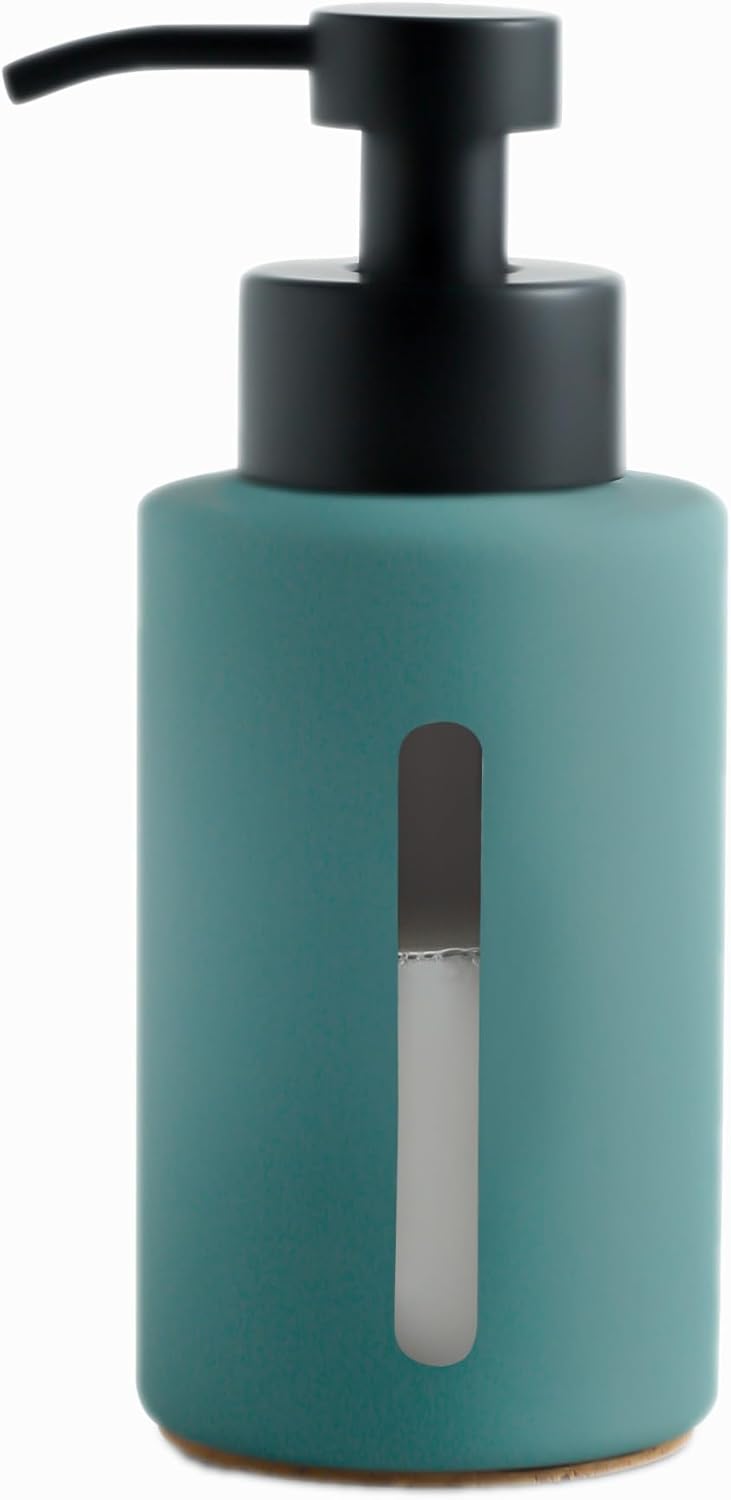 Enra Thick Glass Soap Dispenser with Clear Window,12oz Green Bathroom Soap Dispenser with Lotion Pump Hand Liquid Soap Dispenser Countertop Lotion Bottle for Bathroom(Green/Liquid Type)