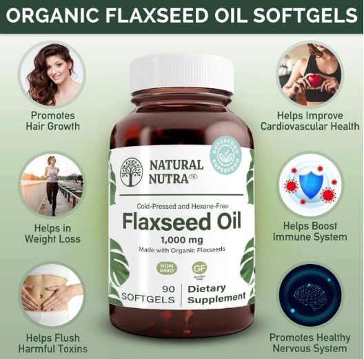 Natural Nutra Organic Flaxseed Oil Softgels, Promotes Hairs Growth, Help in Weight Loss, Helps Boost Immune System, Promotes Healthy Nervous System & Hair Growth, Omega 3 6 9, 1000 mg, 90 Softgels