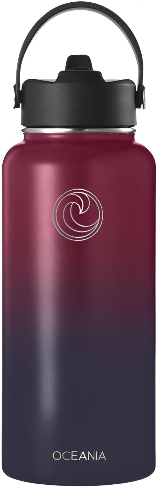 Oceania Flask 32oz Stainless Steel Water Bottles | Modern, Leakproof, Hydro BPA-Free, Insulated Water Bottle with 3 Lids, 3 Straws & 2 Straw Cleaning Brushes | Simple Camping & Hiking Water Bottles