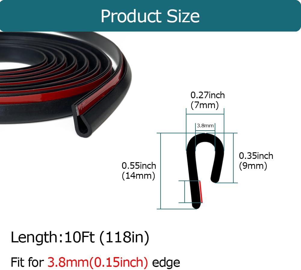 Rubber Edge Trim Black, U Channel Rubber Seal Strip with Self-Adhesive Tape, Metal Edge Protector Fit for 0.15", 10Ft (118in)
