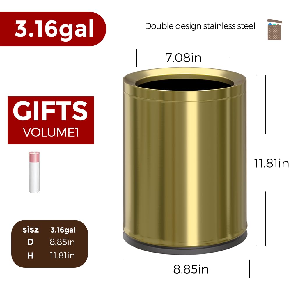 12L/3Gal Antique Brass Bathroom Trash Can,Brushed Brass Garbage can,Small Gold Wastebasket for Office,Hotel,restuarant,Bank,Bathroom,Bedroom (Gold 12)