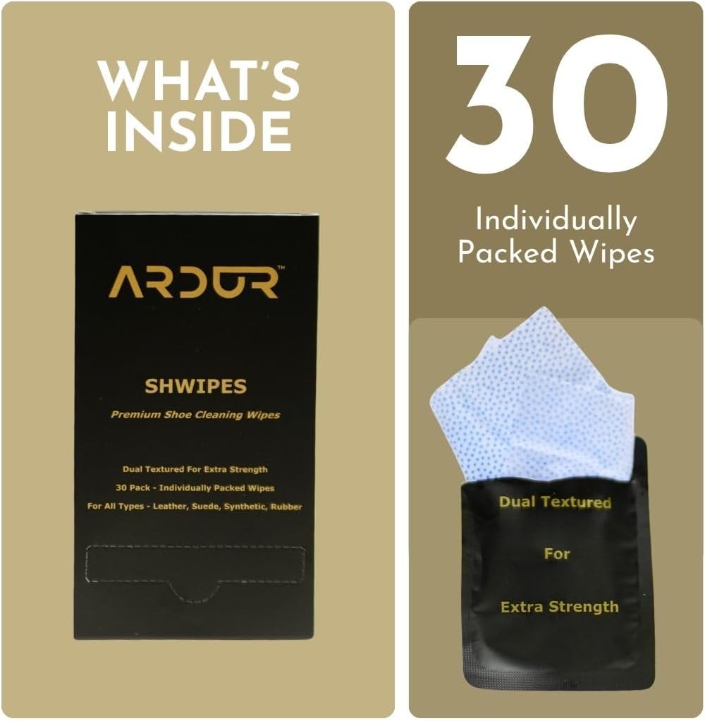 Ardur Premium Shoe Cleaning Wipes For Sneakers (30 Individually Wrapped Wipe) | Dual-Texture Design | Travel-Size | For Leather, Suede, Nubuck, Rubber & Synthetic | Quick-Dry Formula