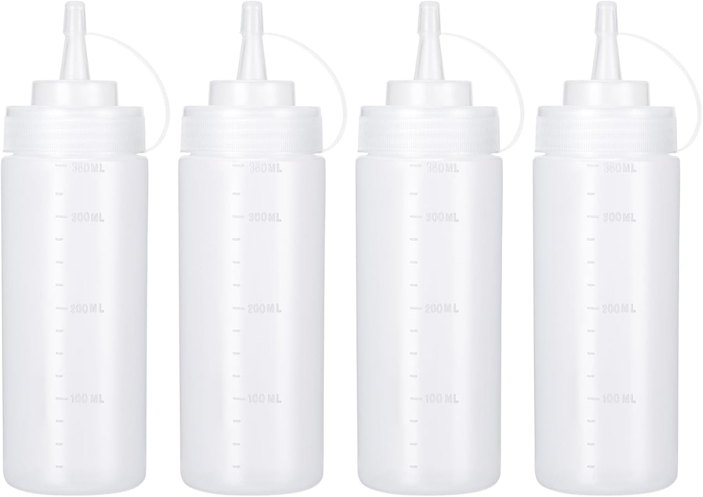 Condiment Squeeze Bottles Ketchup Dispenser, 4 Pack 12oz Squeeze Bottles for Liquids, Plastic Sauce Bottle with Cap Lid, Squirt Bottles for Sauces Liquids BBQ Dressing Pancake Art