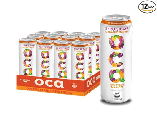 OCA ZERO Tropical Mango, Organic energy drink, zero sugar, gluten-free, vegan plant-based, 12 Fl Oz (12-pack)
