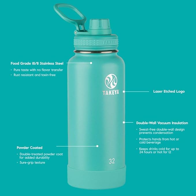 Takeya Actives Water Bottle with Spout Lid - Bottle with Double Stainless Steel Insulation - Dishwasher Safe & BPA-Free - Bottle with Spout Lid & Removable Bumper - 24 oz, Teal