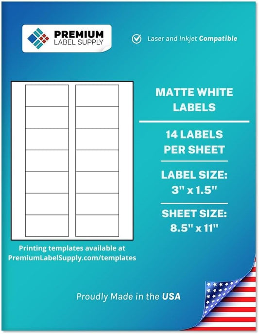 Premium Label Supply White Sticker Bottle Labels – 3" x 1.5" – Laser/Inkjet Compatible – (14 per Sheet), 100 Sheets – 1400 Total Adhesive Labels