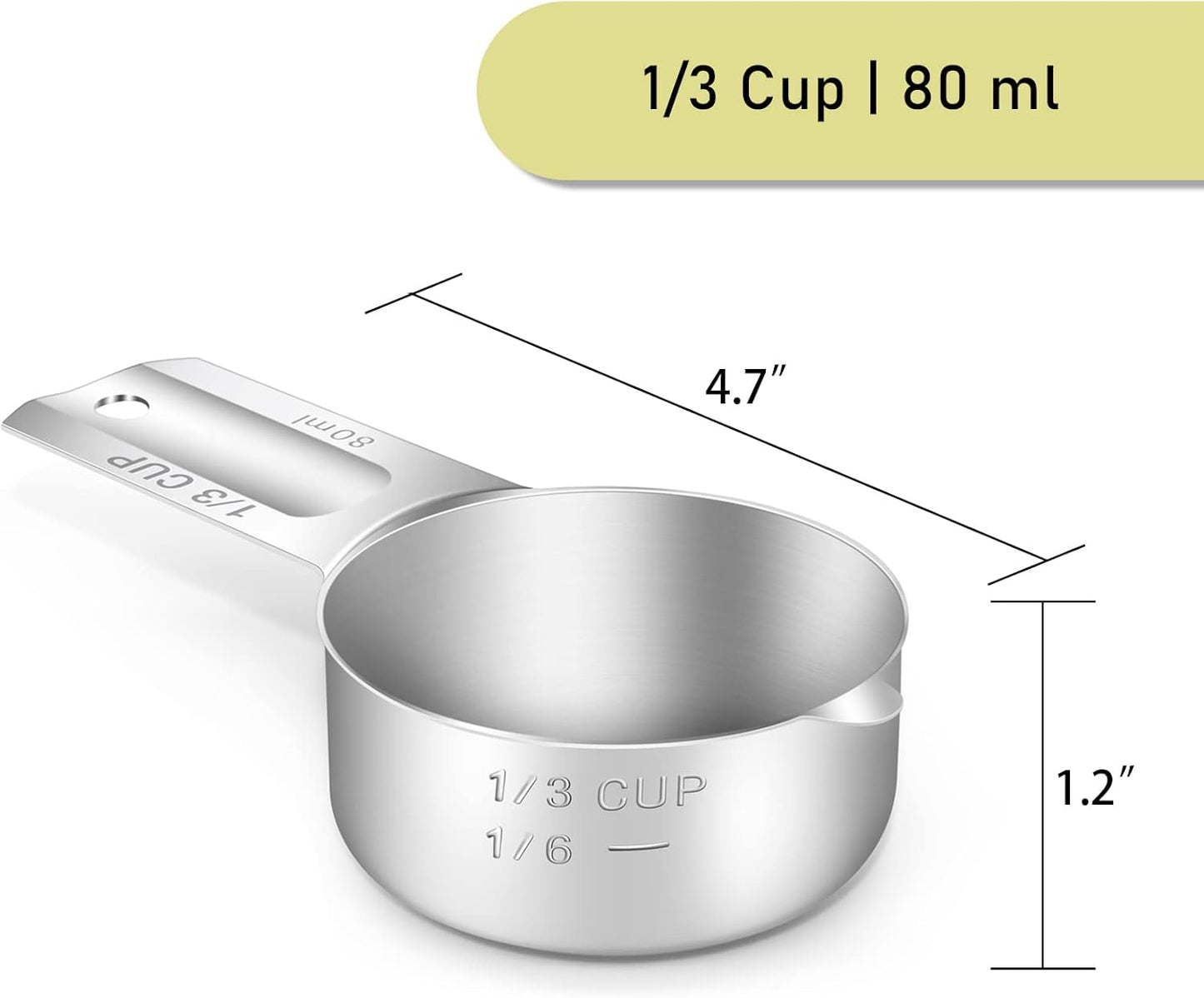 1PCS 1/3Cup (80ml, 2.7oz) Single Measuring Cup, Stainless Steel Measure Scoop, Metric and US Measurement, Dishwasher Safe