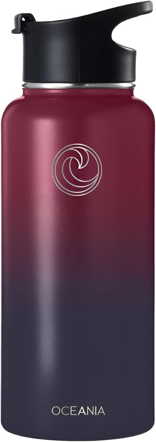 Oceania Flask 32oz Stainless Steel Water Bottles | Modern, Leakproof, Hydro BPA-Free, Insulated Water Bottle with 3 Lids, 3 Straws & 2 Straw Cleaning Brushes | Simple Camping & Hiking Water Bottles