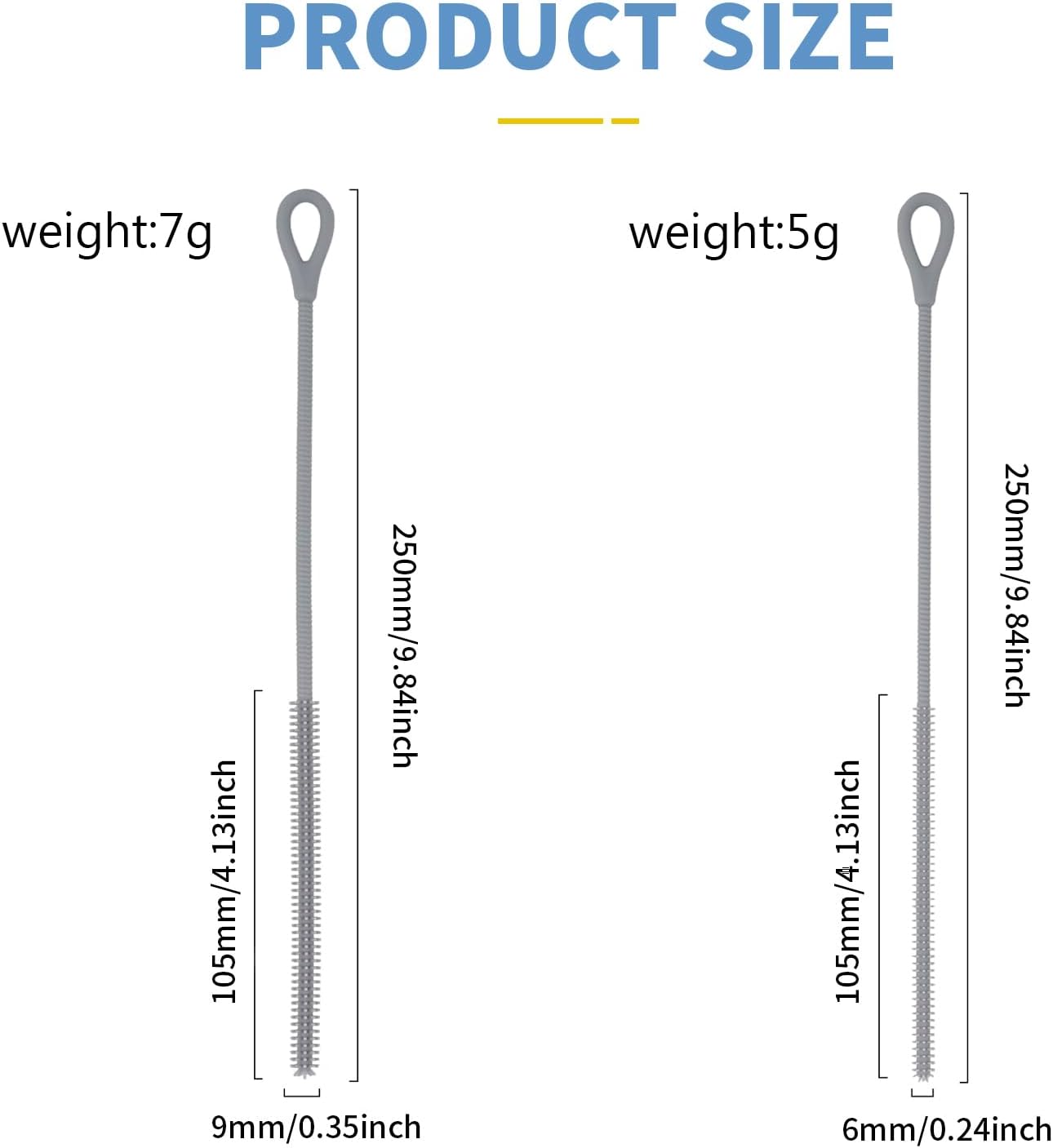 2Pcs Silicone Straw Cleaner Brush, 9.84in Reusable Straw Cleaner with Bendable Steel Core, Extra Long Soft Bottle Brush for Clearing Glass Straws, Smoothie Straws, 9mm&6mm (Gray)