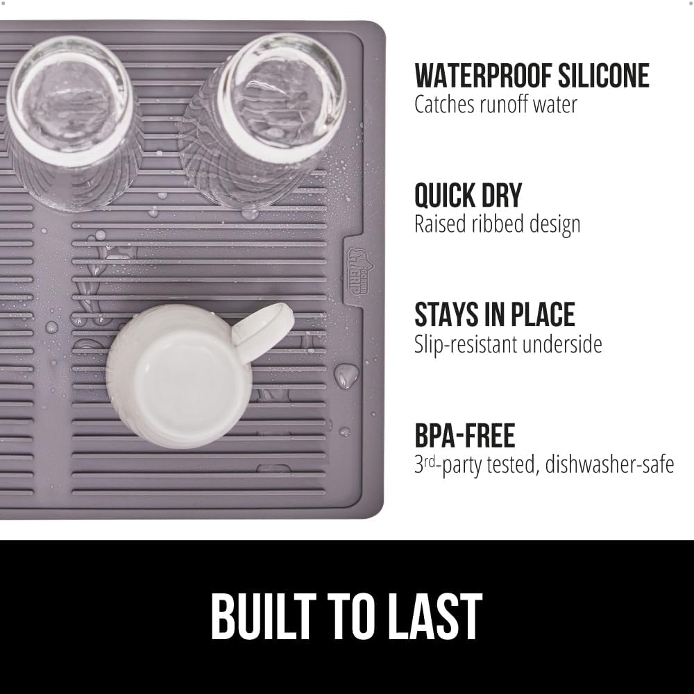 GORILLA GRIP 100% BPA-Free Patented Silicone Dish Drying Mat for Kitchen Counter, Water Catching Ribbed Design, Easy Clean Waterproof Sink Liner, Heat Resistant, Fits Under Rack, 13x11 Inch, Gray