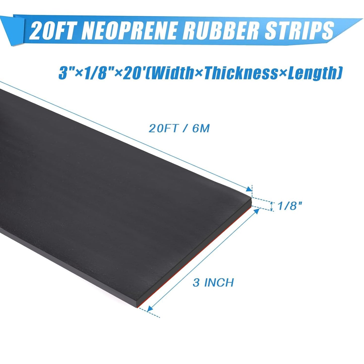 Neoprene Rubber Strips Self Adhesive Sheets, Rolls & Strips with Adhesive Backing Rubber Pads Self Stick Seal Gasket Tape for Matting Padding - 3” Wide x 1/8" Thick x 20' Long