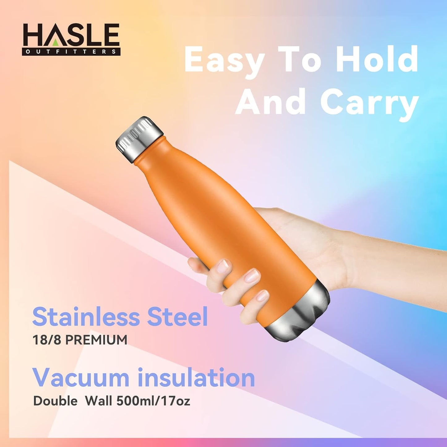 HASLE OUTFITTERS 17oz Stainless Steel Water Bottles, Vacuum Insulated Water Bottles Double Walled Powder Coated Reusable Metal Sports Water Bottles Keep Drinks Hot and Cold, Orange, 1Pack