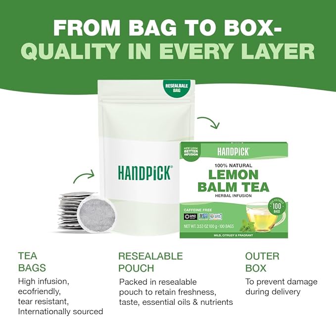 HANDPICK Lemon Balm Tea Bags – 100 Count | 100% Pure Natural Dried Lemon Balm Herb | Caffeine-Free Herbal Tea with Citrus Flavor & Aroma | Round Eco-conscious Teabags