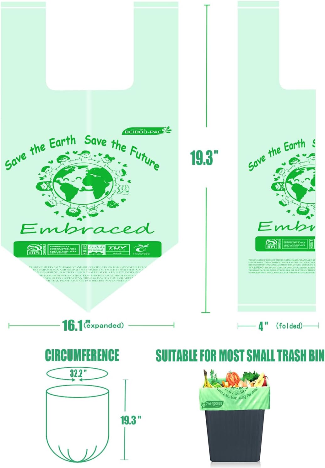 1.6 Gallon Compostable Trash Bags with Handle, 250 Count Small Compost Bags, Biodegradable Kitchen Garbage Bags, Food Scrap Waste Bags for Countertop Bin, ASTM D6400, US BPI Certified